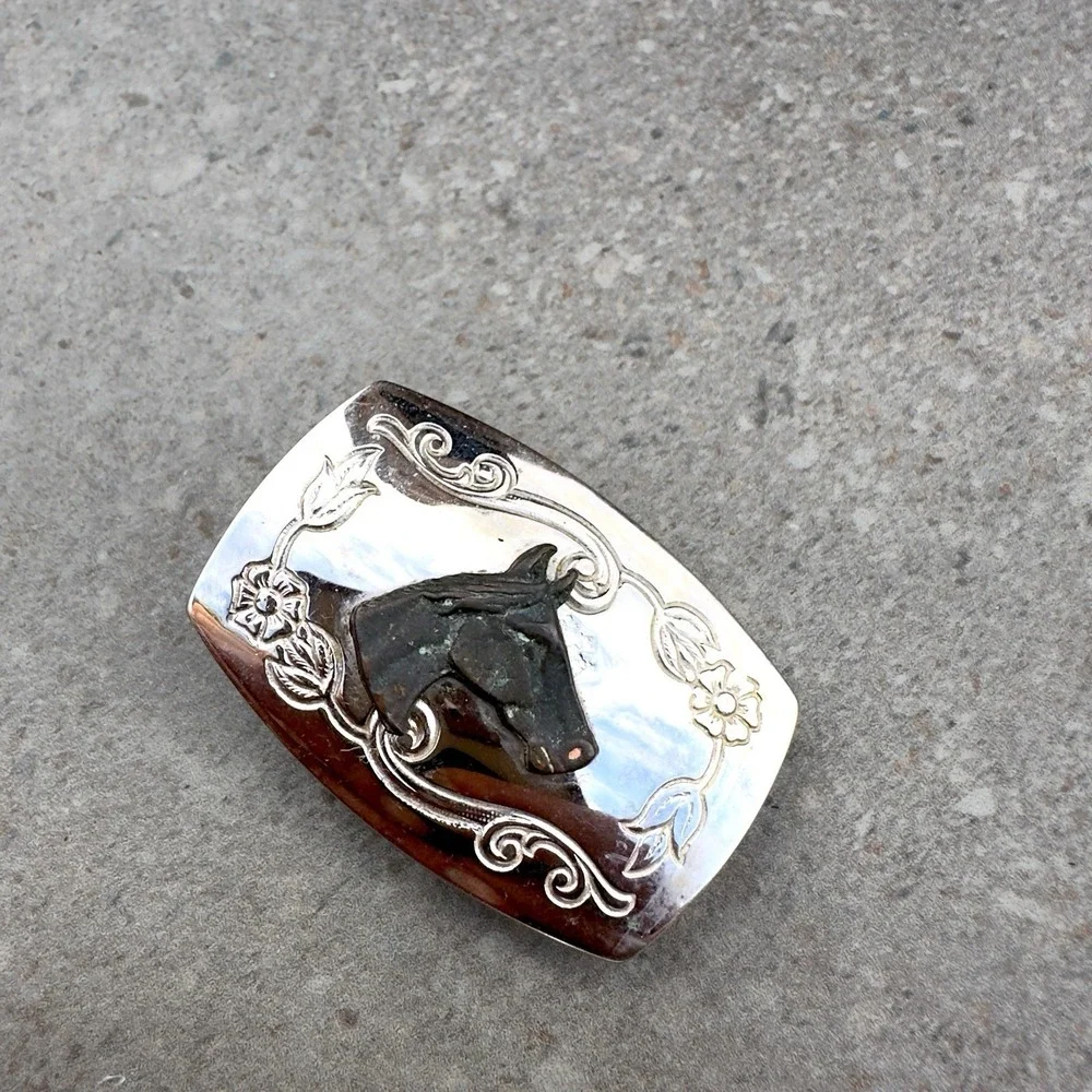 Vintage Silver Metal Small Belt Buckle Horse Head Made in USA Floral Engraved